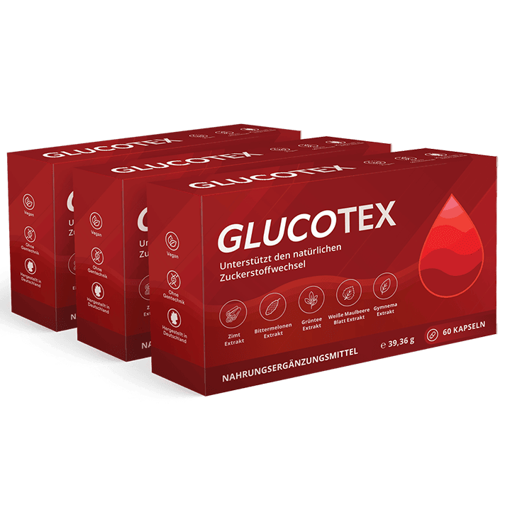 Drei Glucotex-Packungen mit jeweils 60 Kapseln
